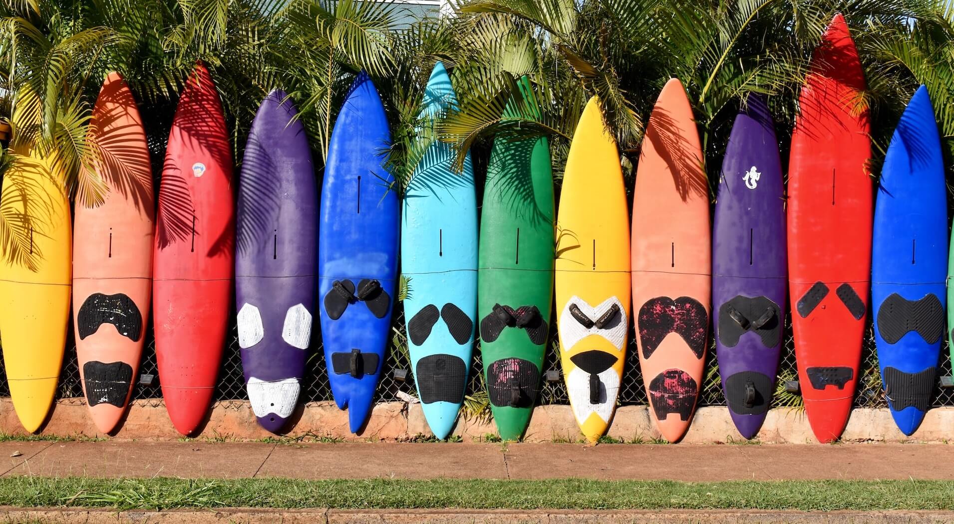 Colorful surfboards lined up